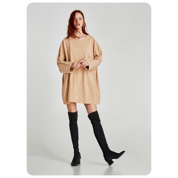 Zara Dresses & Skirts - * Zara Oversized Tan Shirt Dress w/ Button Sleeves sz S
